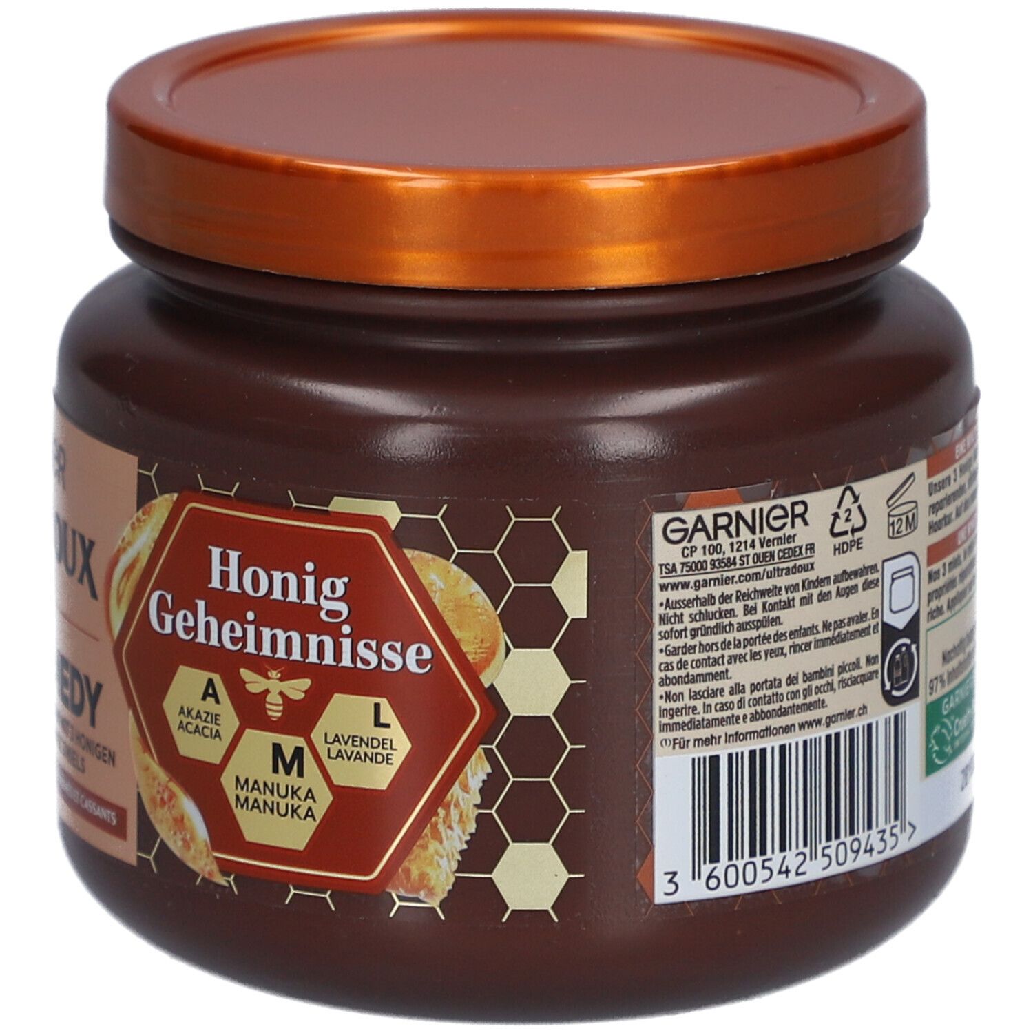 Dos du pot marron. Secrets de miel. Informations et contact. 3 600542 509435.