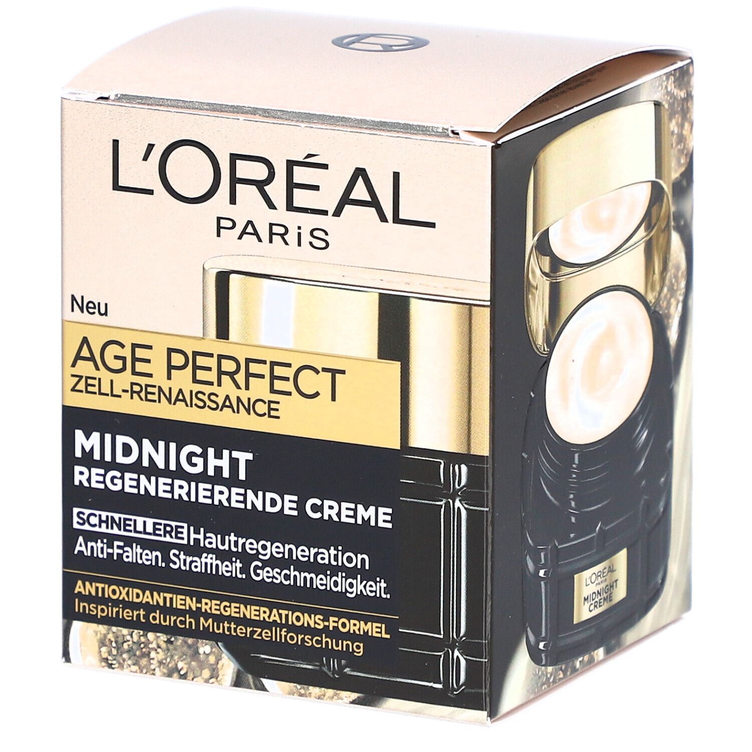 Boîte L'Oréal Age Perfect. Texte: Age Perfect Zell-Renaissance, Midnight Regenerierende Creme. Crème de nuit.