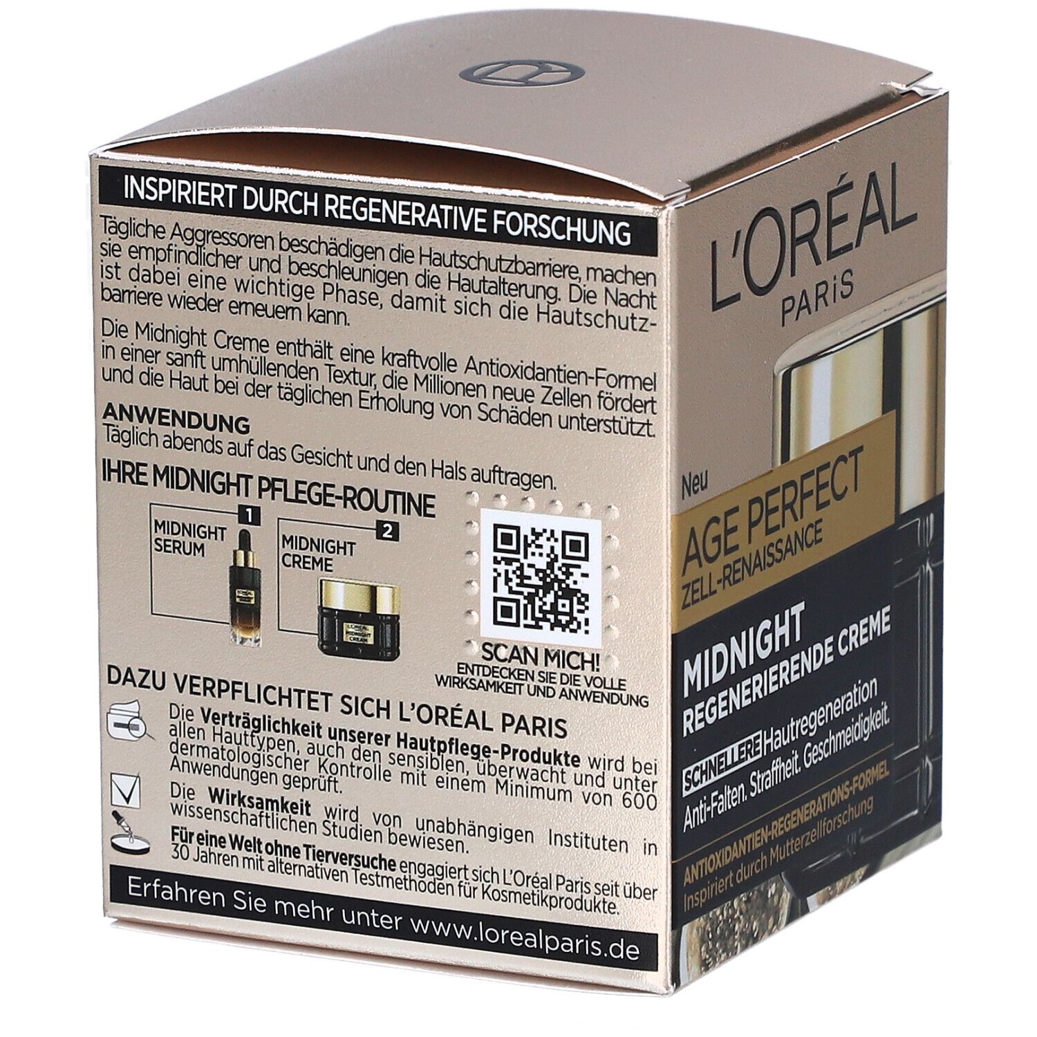 Dos de la boîte L'Oréal Age Perfect. Texte: Age Perfect Zell-Renaissance, Midnight Regenerierende Creme. Crème de nuit.