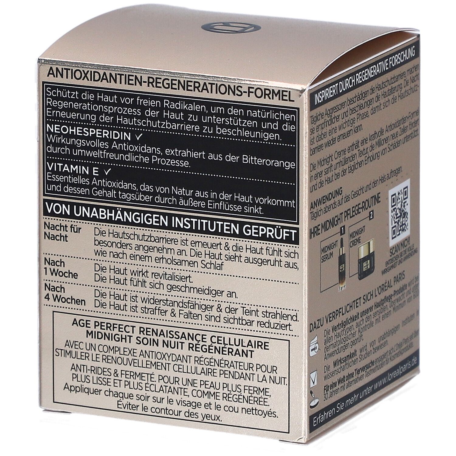 Emballage L'Oréal Age Perfect. Texte: Age Perfect Zell-Renaissance, Midnight Soin Nuit Régénérant. Crème de nuit.