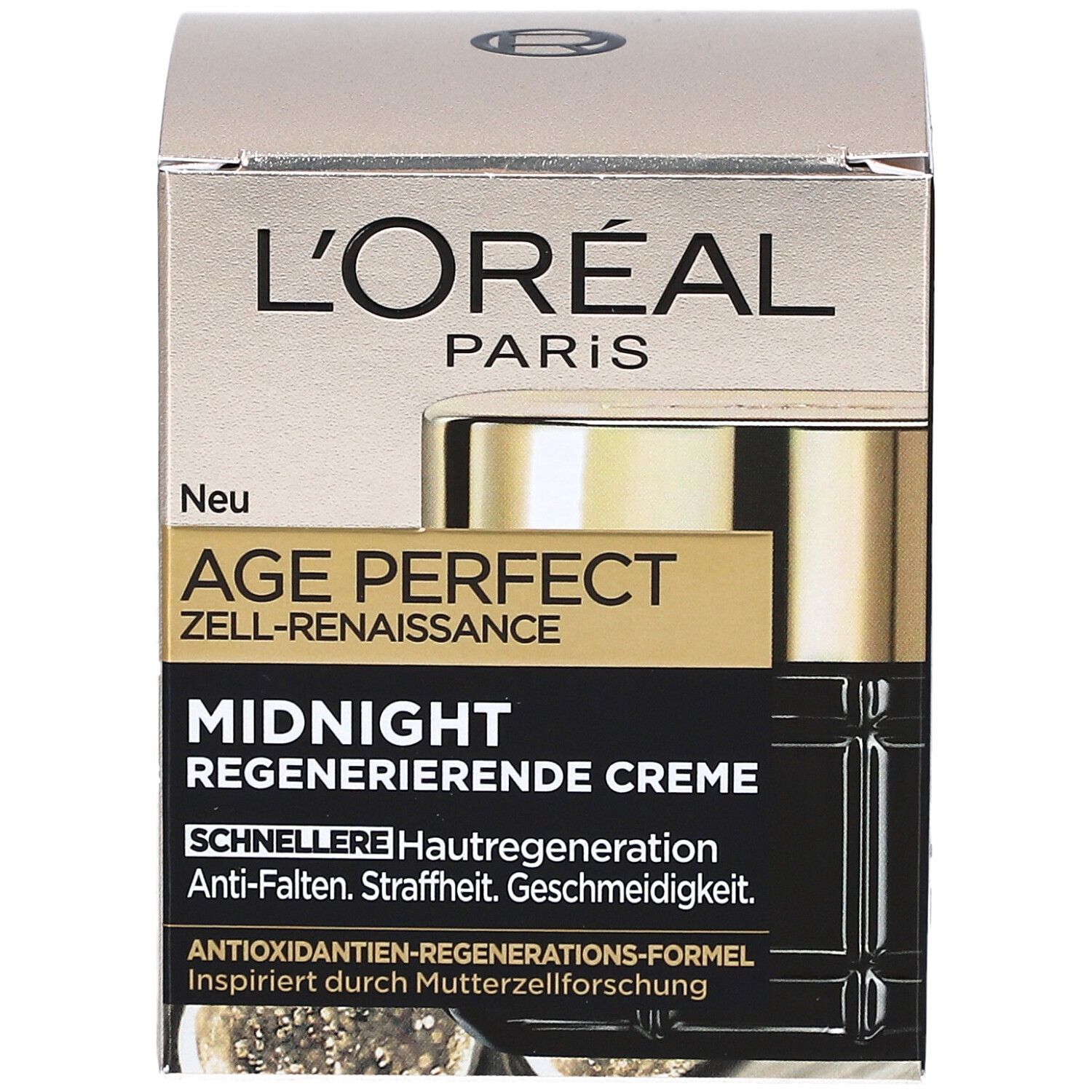Boîte L'Oréal Age Perfect. Texte: Age Perfect Zell-Renaissance, Midnight Regenerierende Creme. Crème de nuit.