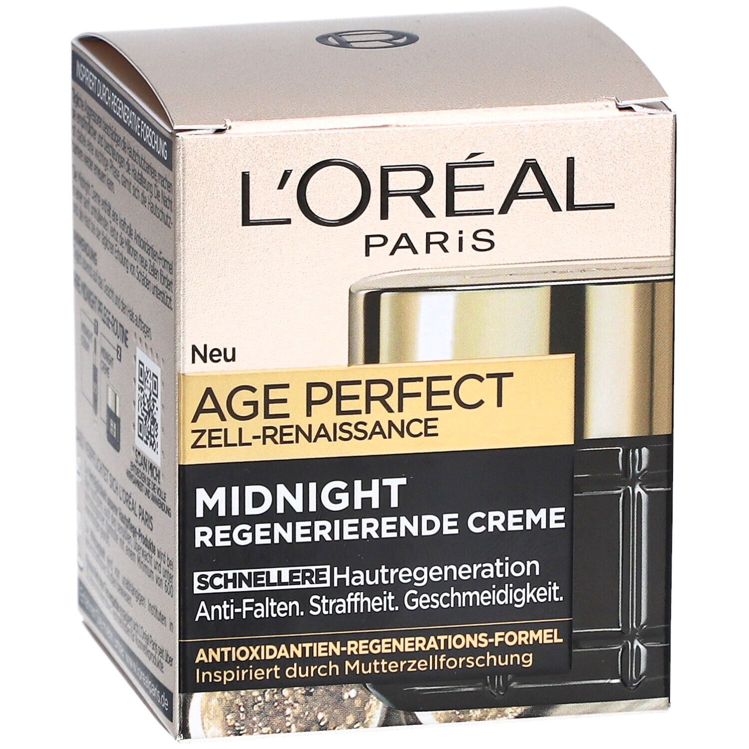 Boîte L'Oréal Age Perfect. Texte: Age Perfect Zell-Renaissance, Midnight Regenerierende Creme. Crème de nuit.