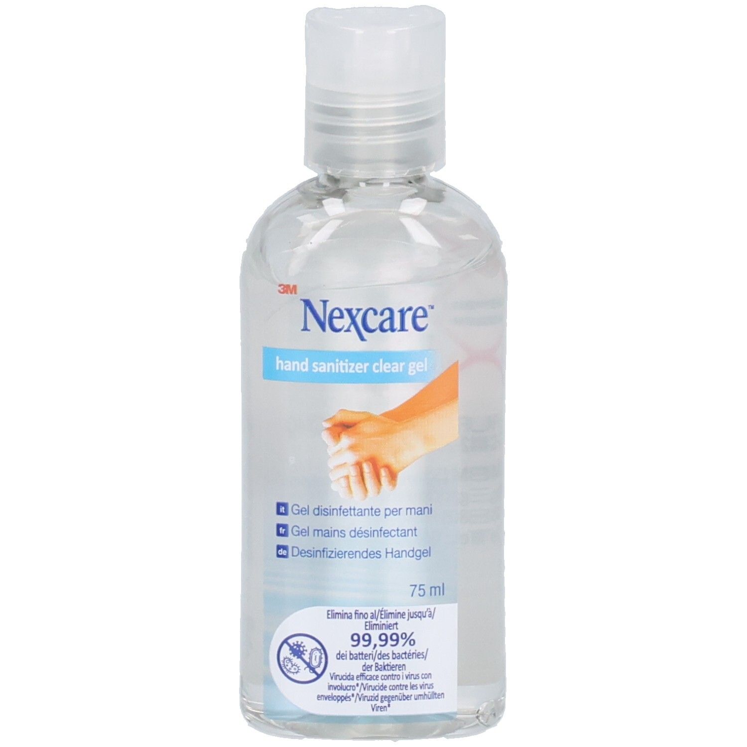 Gel désinfectant pour les mains 3M Nexcare : flacon de gel transparent avec étiquette, 75 ml. Illustre des mains utilisant un désinfectant.