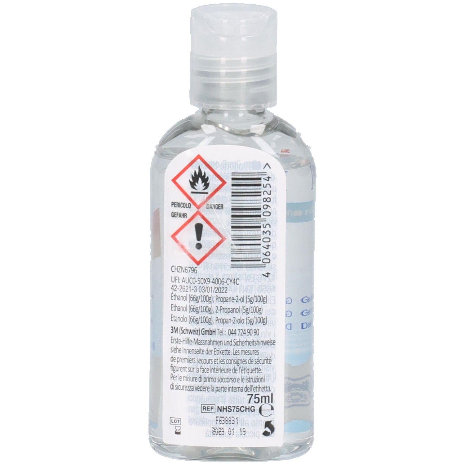 Arrière de la bouteille de gel désinfectant pour les mains 3M Nexcare (75 ml) avec symboles d'avertissement et informations produit.
