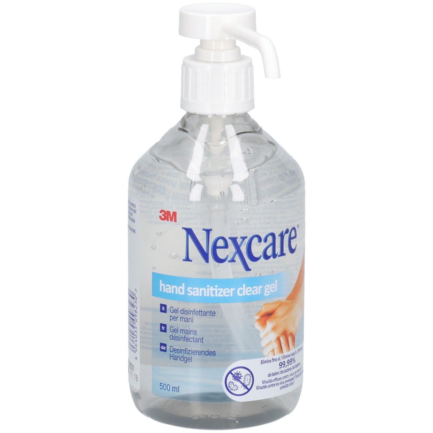 Nexcare Hand Sanitizer Clear Gel in 500ml Spenderflasche mit Pumpe.