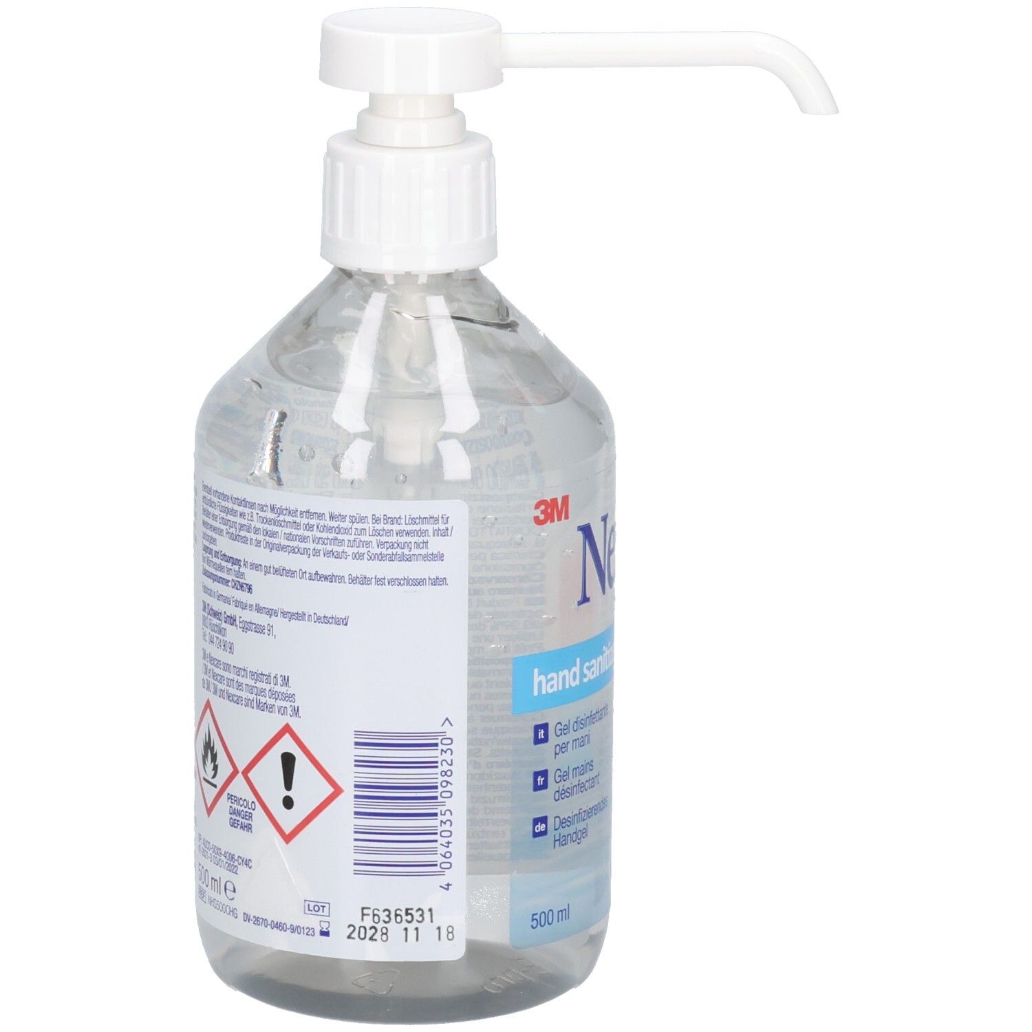 Durchsichtige 500ml Flasche mit weißem Pumpspender, gefüllt mit Handdesinfektionsgel.