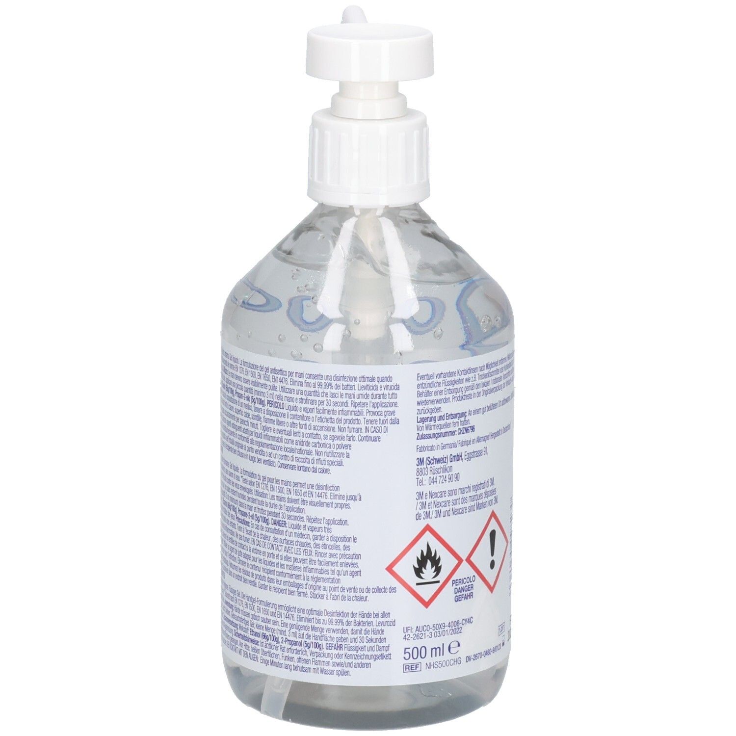 500 ml Flasche Händedesinfektionsmittel mit weißem Pumpspender. Klare Flüssigkeit mit blauen Symbolen.