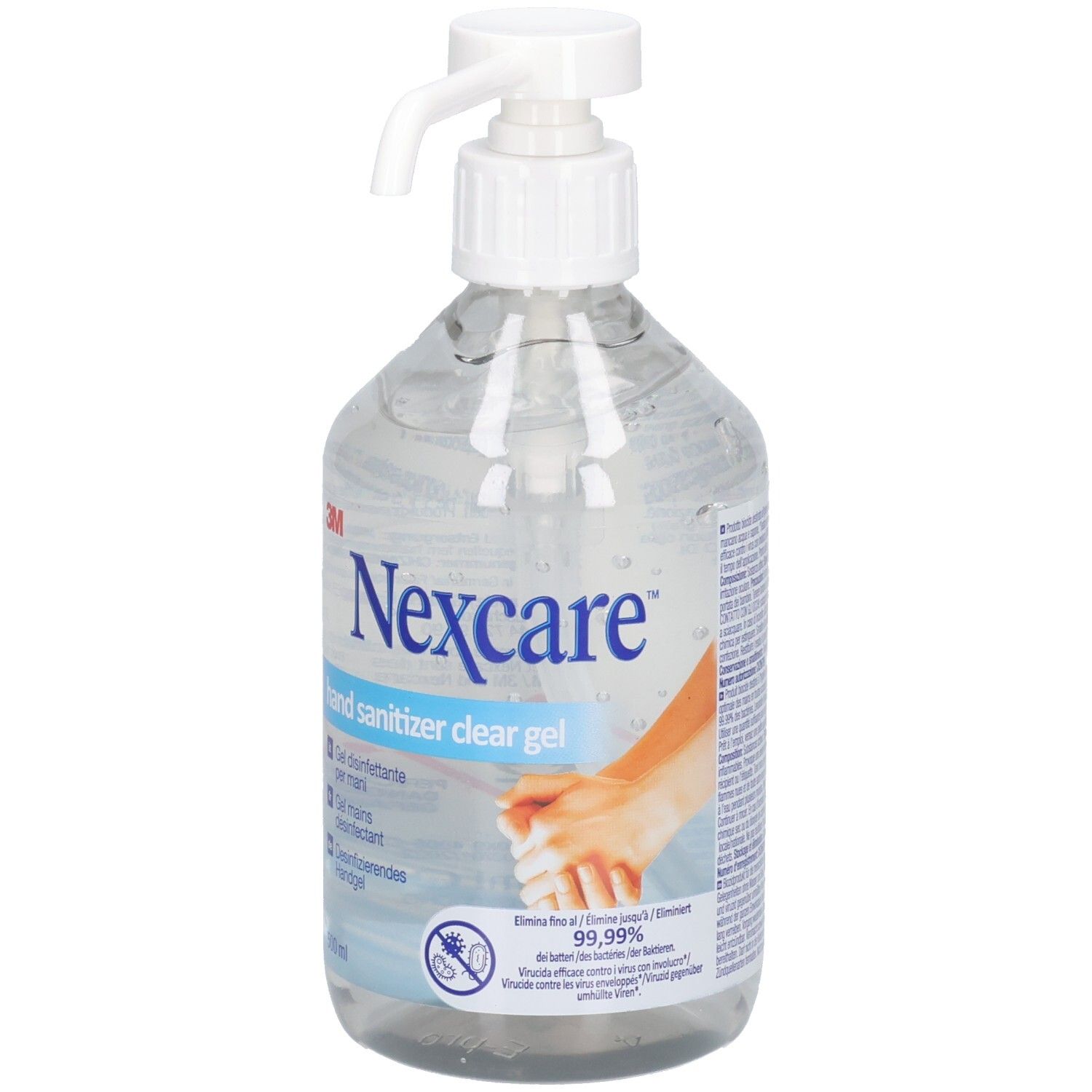 Nexcare Hand Sanitizer Clear Gel in durchsichtiger Flasche mit weißem Pumpspender.