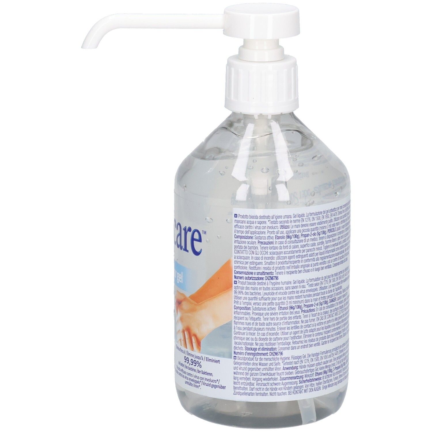 Klare Handdesinfektionsgel-Flasche mit weißem Pumpspender. Etikett mit Text und Bild von Händen.