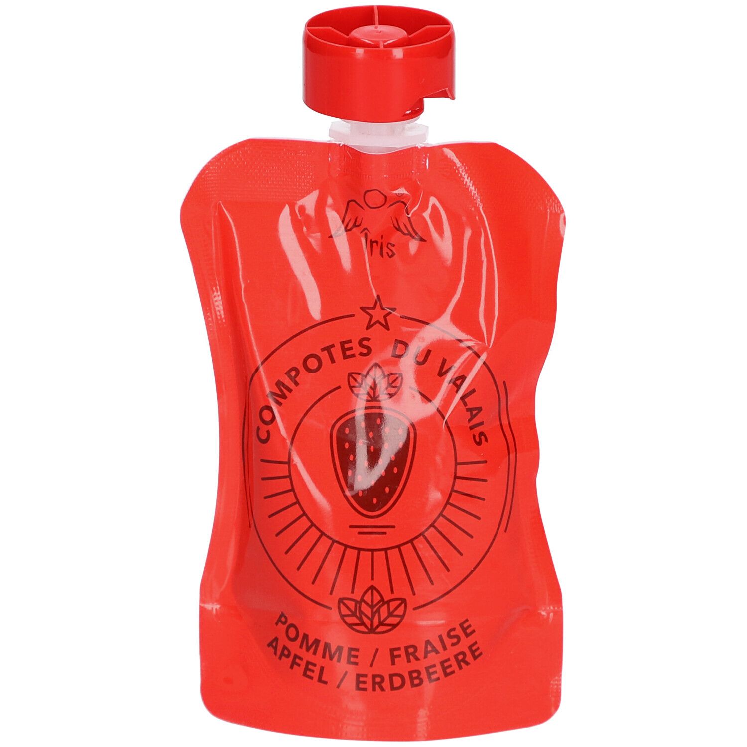 Rote Quetschbeutel mit rotem Verschluss. Aufdruck: Logo, Schriftzug "COMPOTES DU VALAIS", Erdbeere, "POMME / FRAISE / APFEL / ERDBEERE".