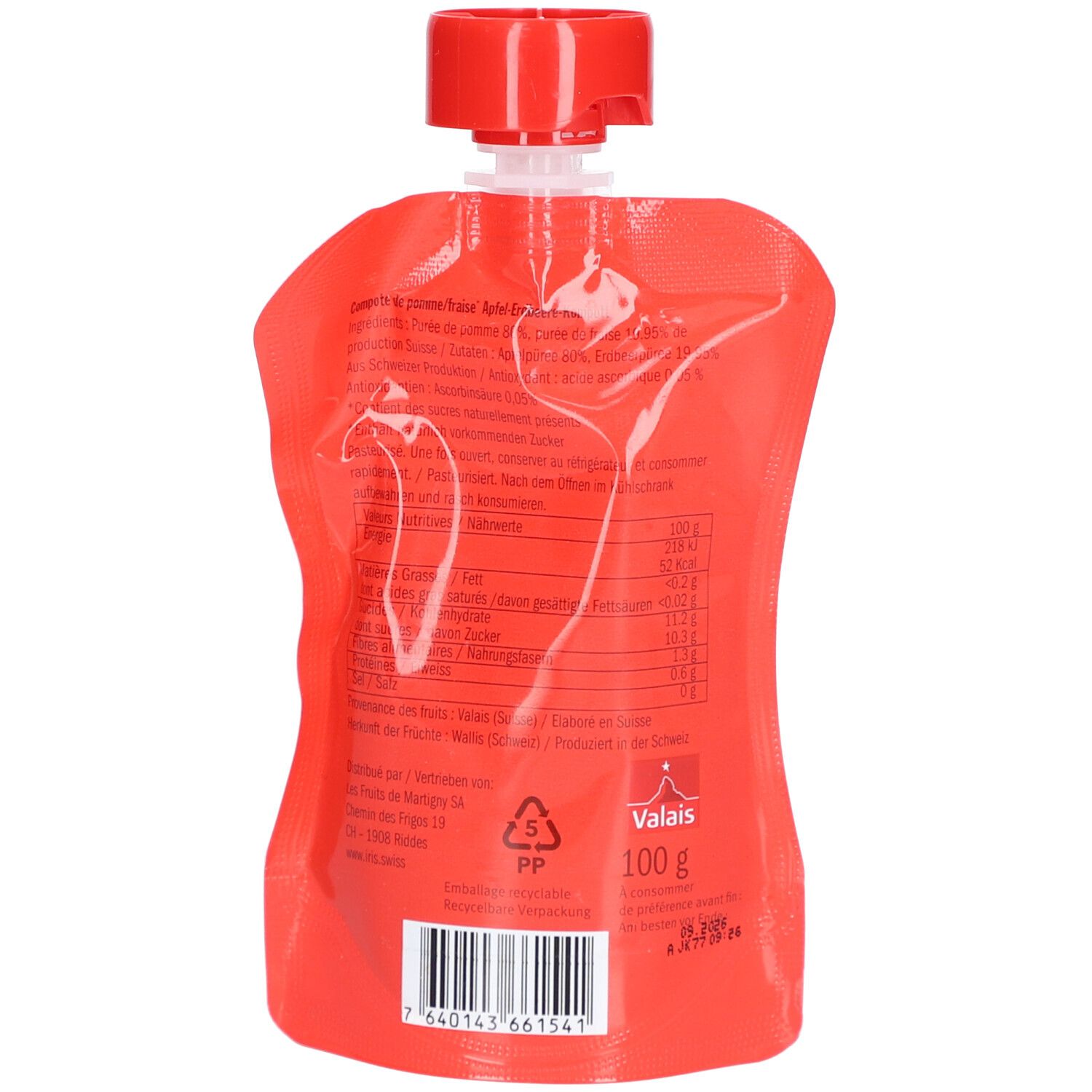 Rückseite des roten Quetschbeutels. Aufdruck: Nährwertangaben, "Valais", "100 g", Chargennummer, Recycling-Symbol.
