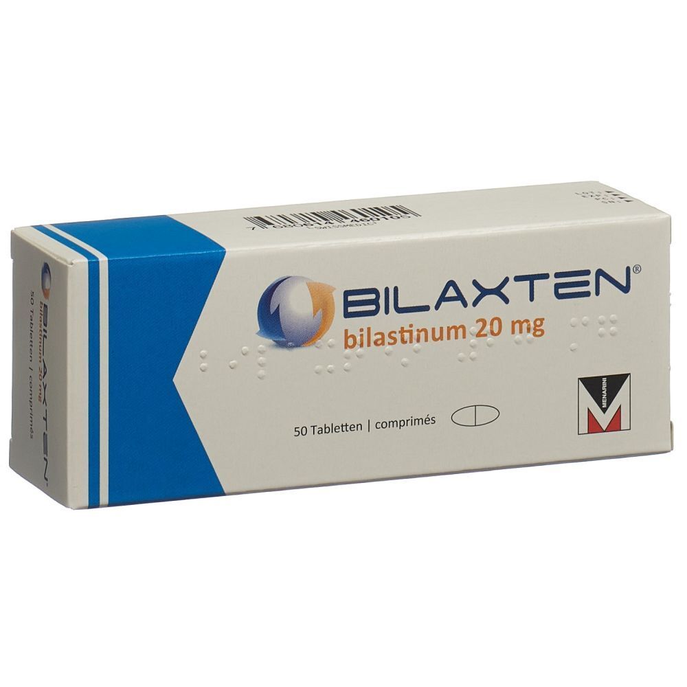 Schachtel mit BILAXTEN Tabletten. Aufschrift: bilastinum 20 mg, 50 Tabletten. Blaue und weiße Verpackung mit Logo.