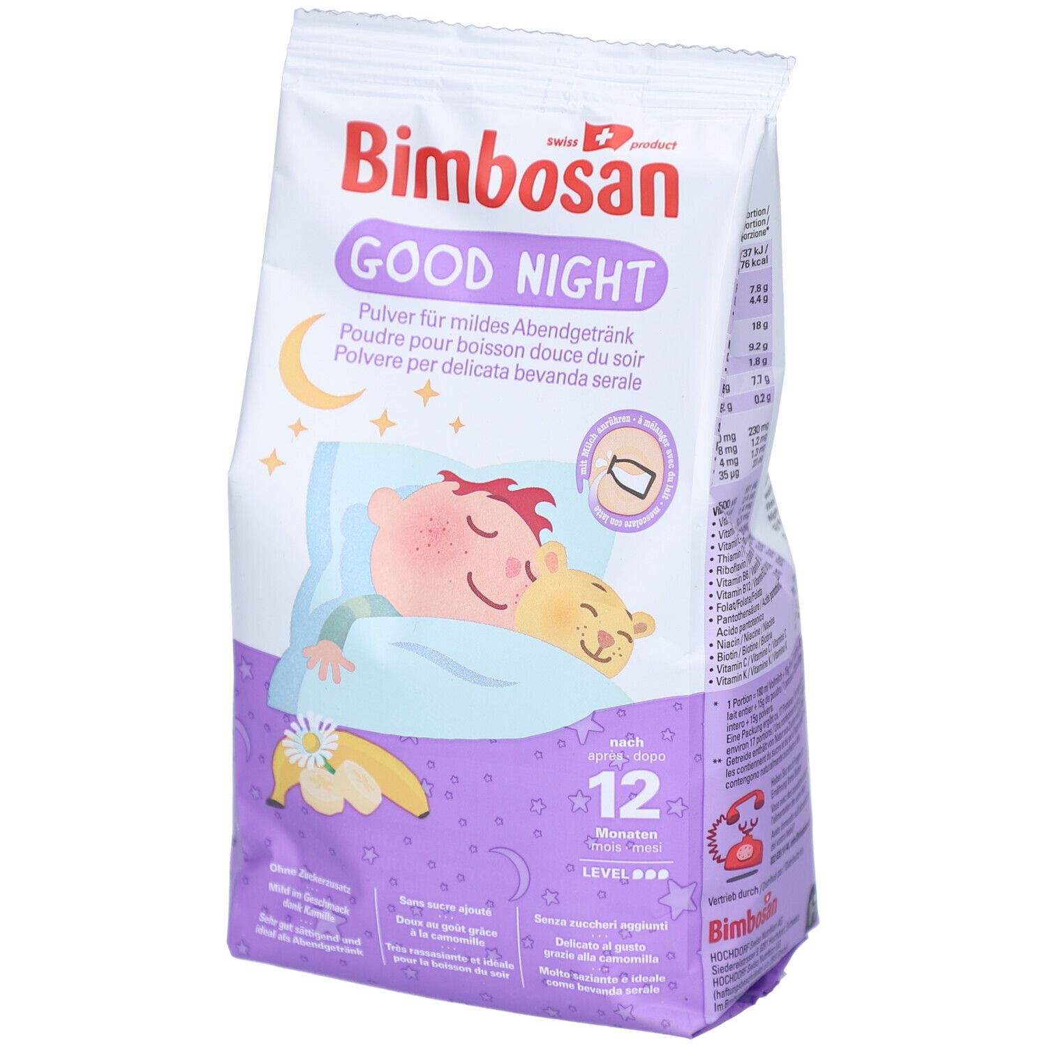 Bimbosan Good Night Pulver-Packung. Kind schläft auf Kissen. Mond und Sterne. 12 Monate. Schweizer Produkt.