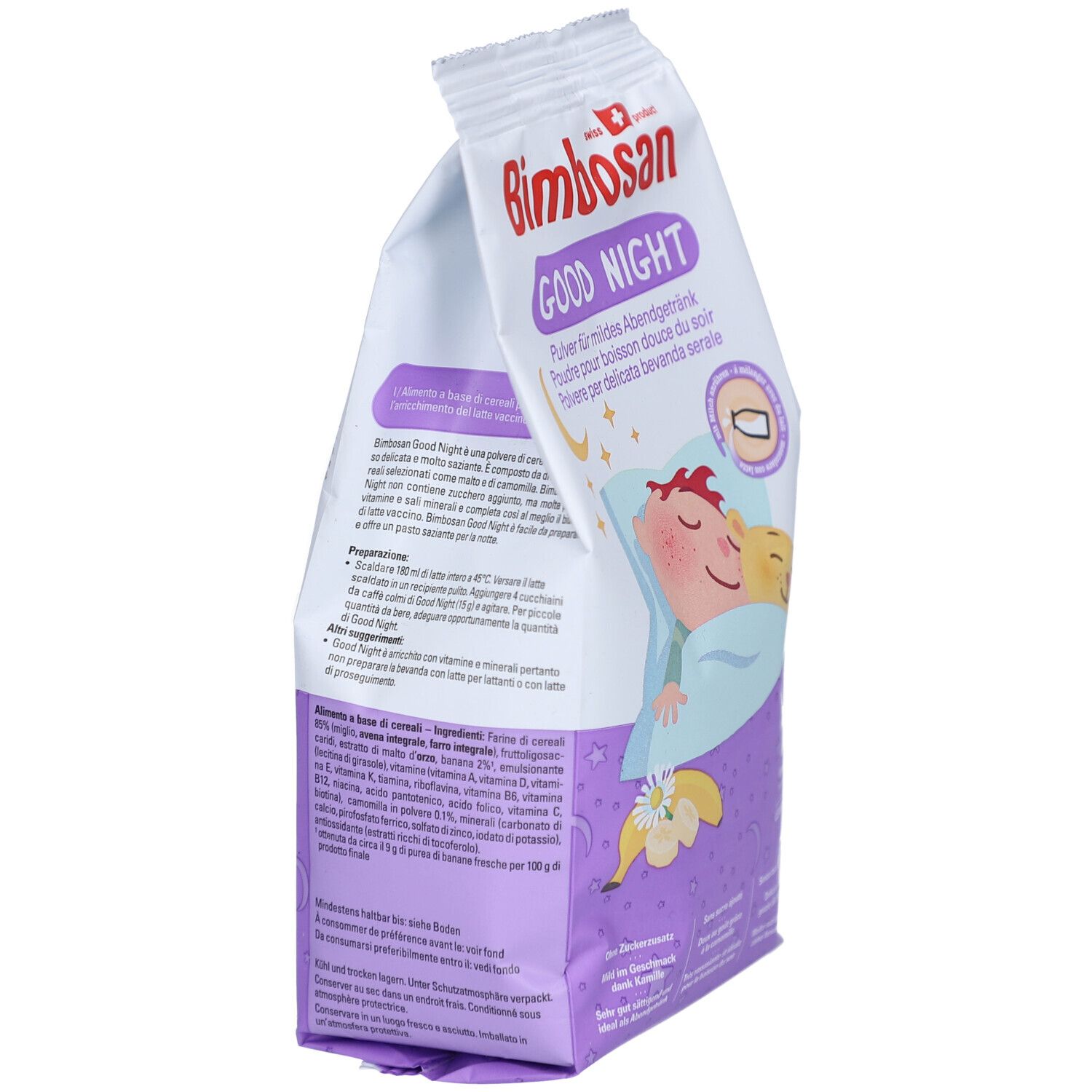 Bimbosan Good Night Packung, schräg. Text auf der Verpackung. Kind schläft. Schweizer Produkt. Inhaltsstoffe.