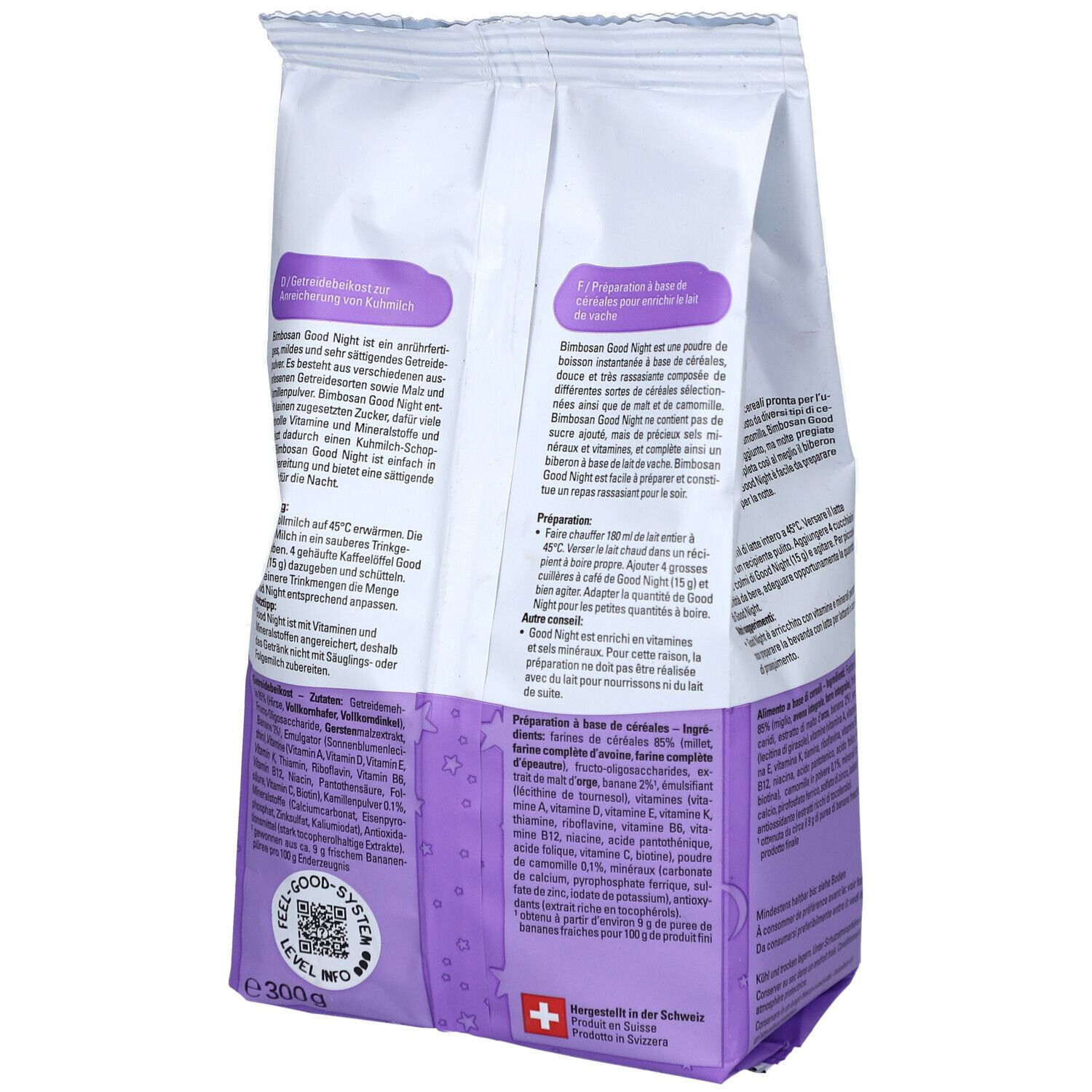 Rückseite der Bimbosan Good Night Packung. Text in mehreren Sprachen. Inhaltsstoffe. Schweizer Produkt.