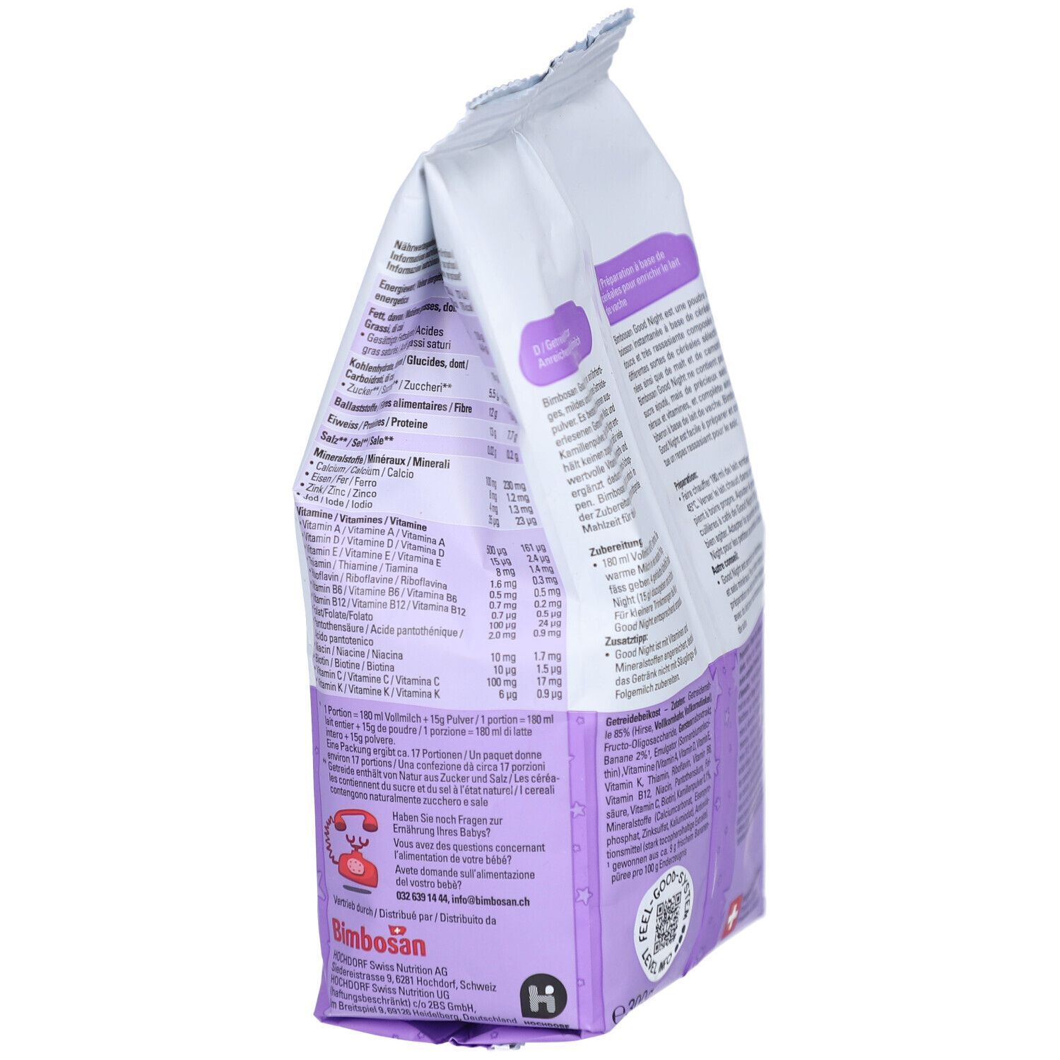 Bimbosan Good Night Packung, Seitenansicht. Text und Nährwertangaben. Schweizer Produkt.