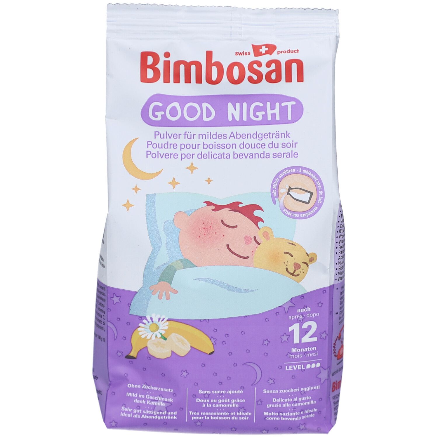 Bimbosan Good Night Pulver-Packung. Kind schläft auf Kissen. Mond und Sterne. 12 Monate. Schweizer Produkt.