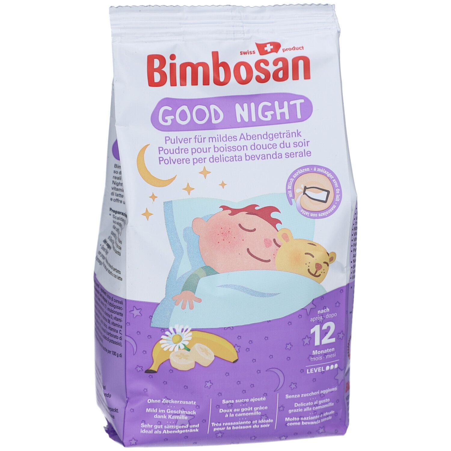 Bimbosan Good Night Pulver-Packung. Kind schläft auf Kissen. Mond und Sterne. 12 Monate. Schweizer Produkt.