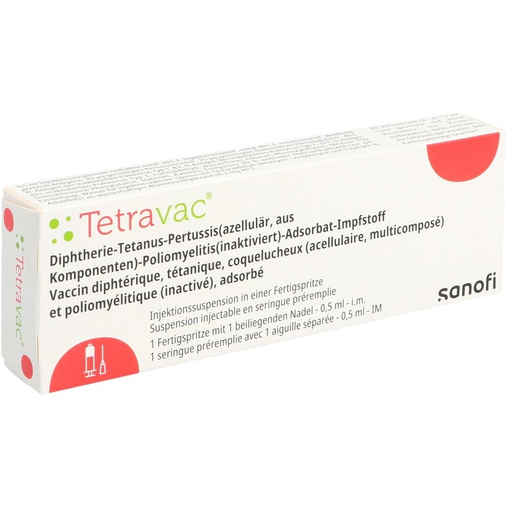 Boîte blanche avec accent rouge. Inscription: Tetravac, suspension injectable. Contient une seringue préremplie avec aiguille. Marque: Sanofi.