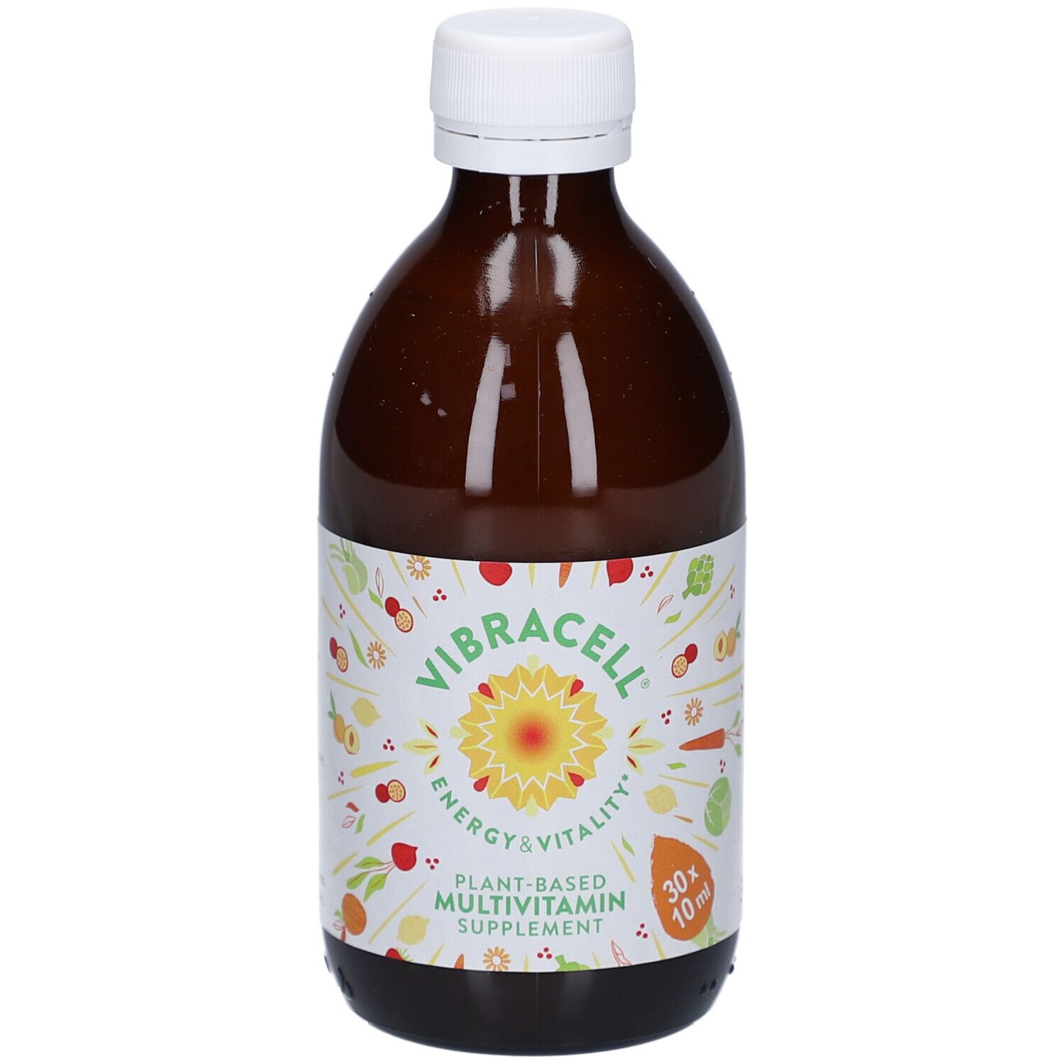 Braune Glasflasche mit weißem Deckel. Etikett mit Produktinformationen und Logo. Pflanzliches Multivitamin-Supplement.