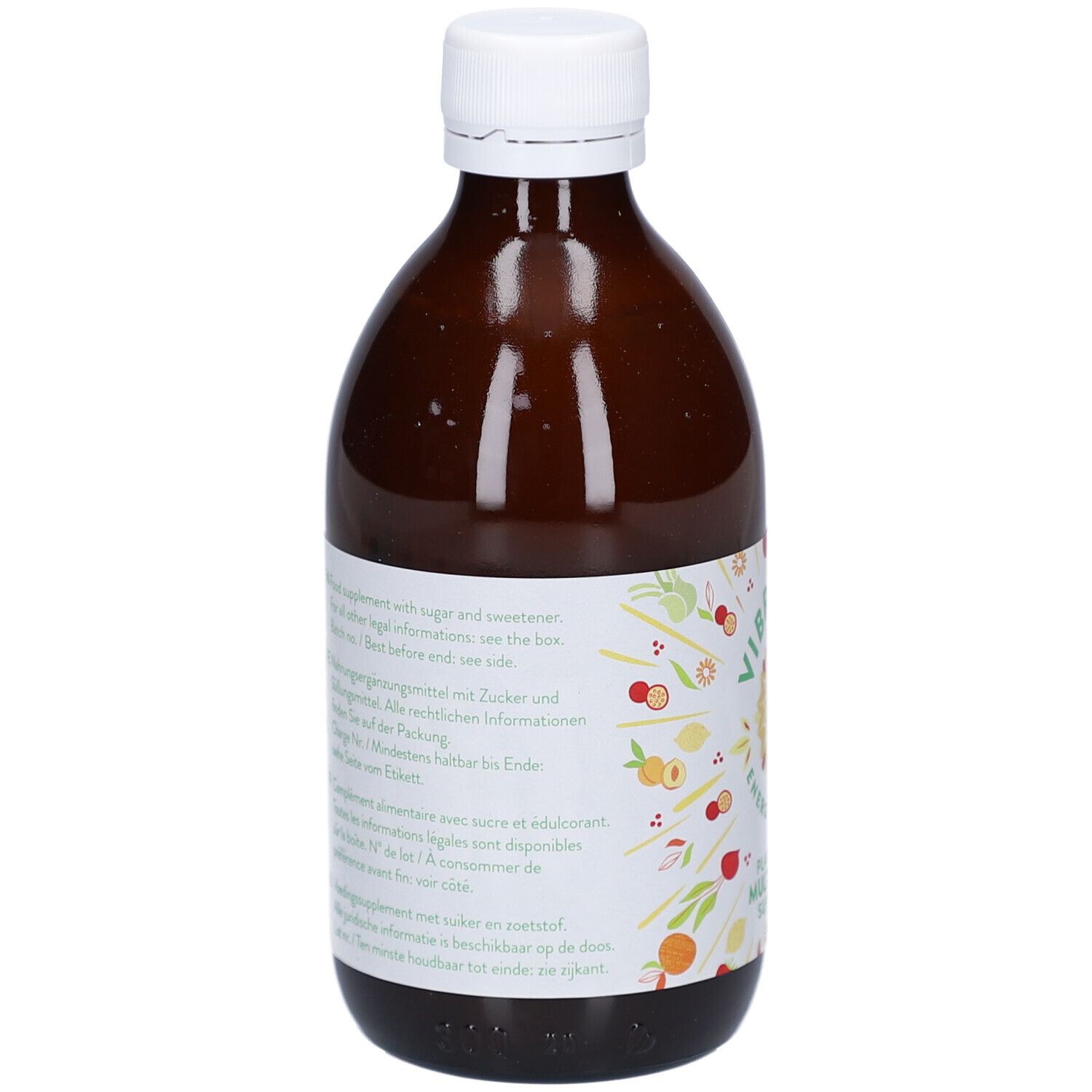 Rückseite einer braunen Glasflasche mit weißem Deckel. Etikett mit Text in mehreren Sprachen. Enthält Informationen.