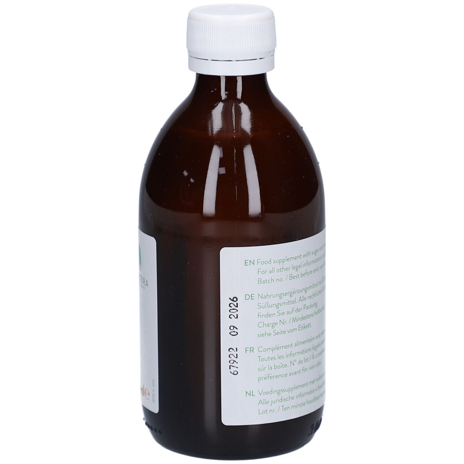 Braune Glasflasche mit weißem Deckel. Etikett mit Text und Chargennummer. Enthält Informationen über das Produkt.