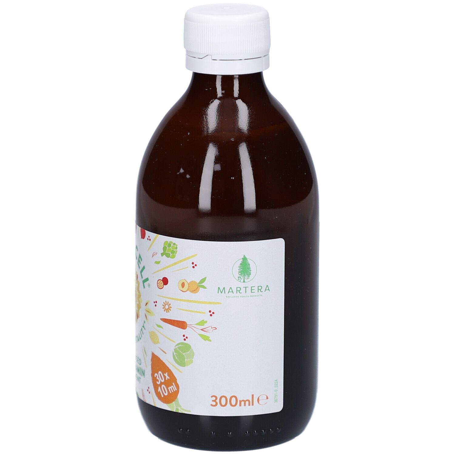 Braune Glasflasche mit weißem Deckel. Etikett mit Logo und Produktinformationen. 300ml Volumen.