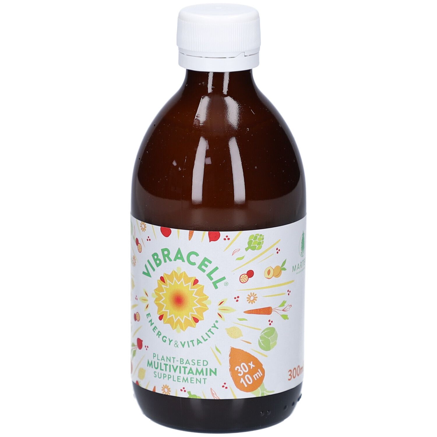 Braune Glasflasche mit weißem Deckel. Etikett mit Logo und Produktinformationen. 30x10ml Dosierung.