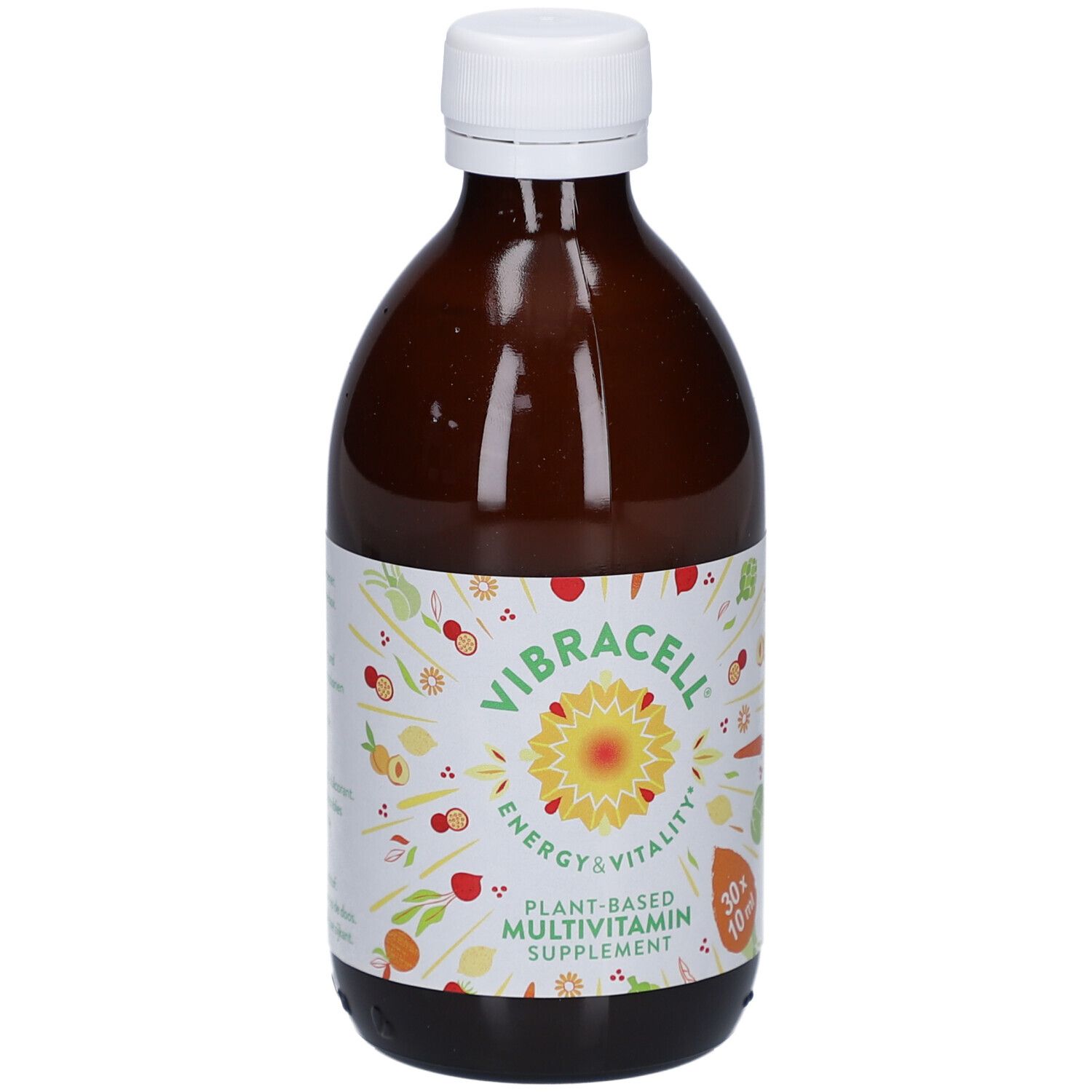 Braune Glasflasche mit weißem Deckel. Etikett mit Logo und Produktinformationen. Pflanzliches Multivitamin-Supplement.