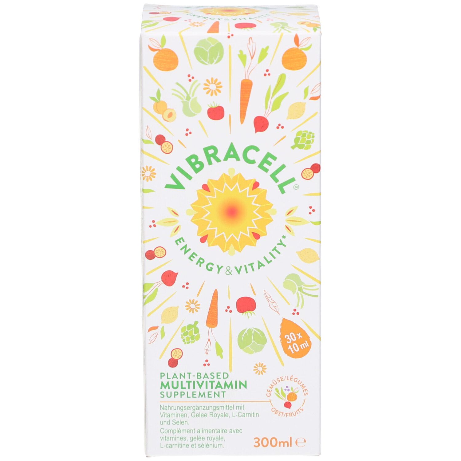 Lange rechteckige Verpackung mit Logo und Produktinformationen. Pflanzliches Multivitamin-Supplement. 300ml.