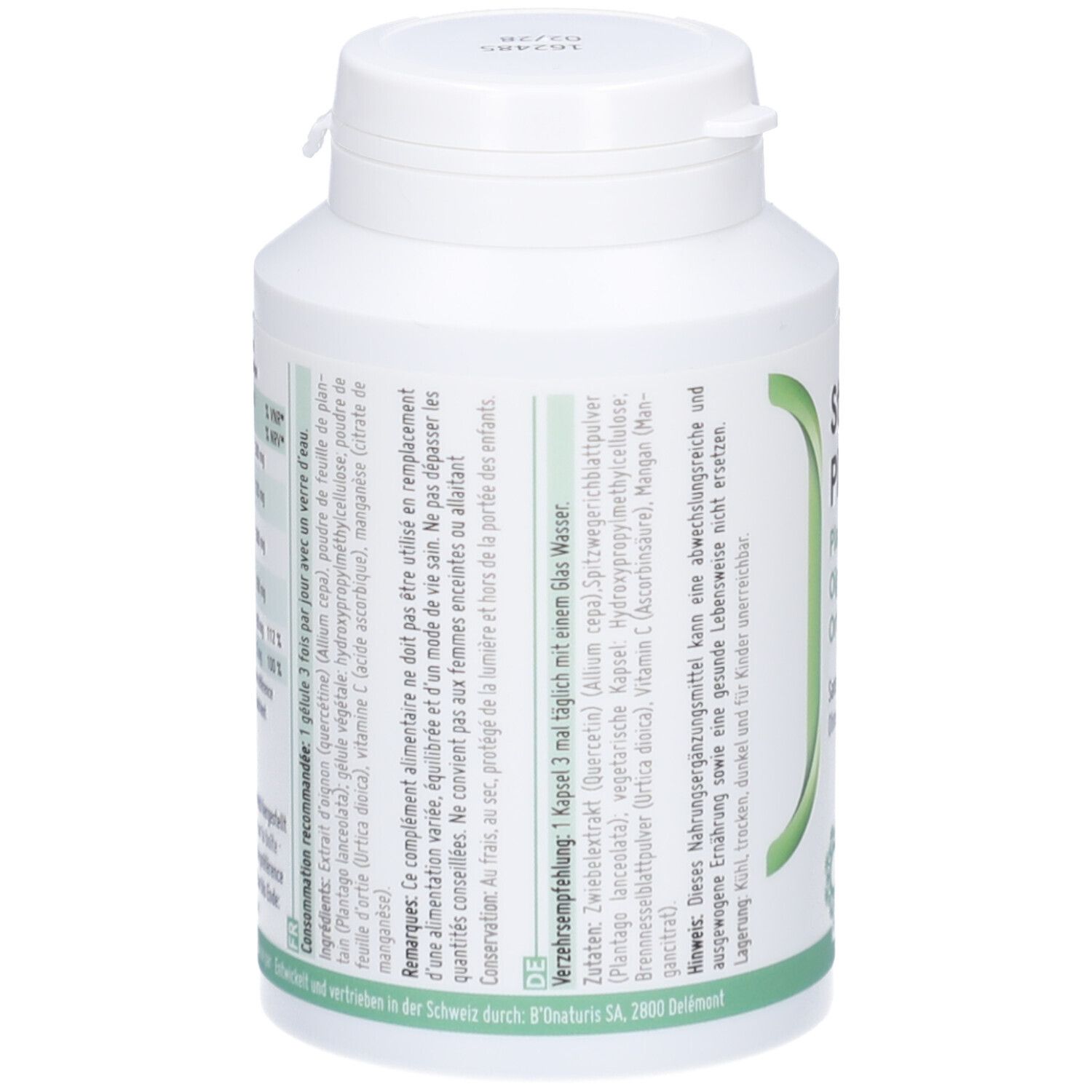 Flacon blanc de gélules. Texte en allemand et français. Liste des ingrédients et recommandations.