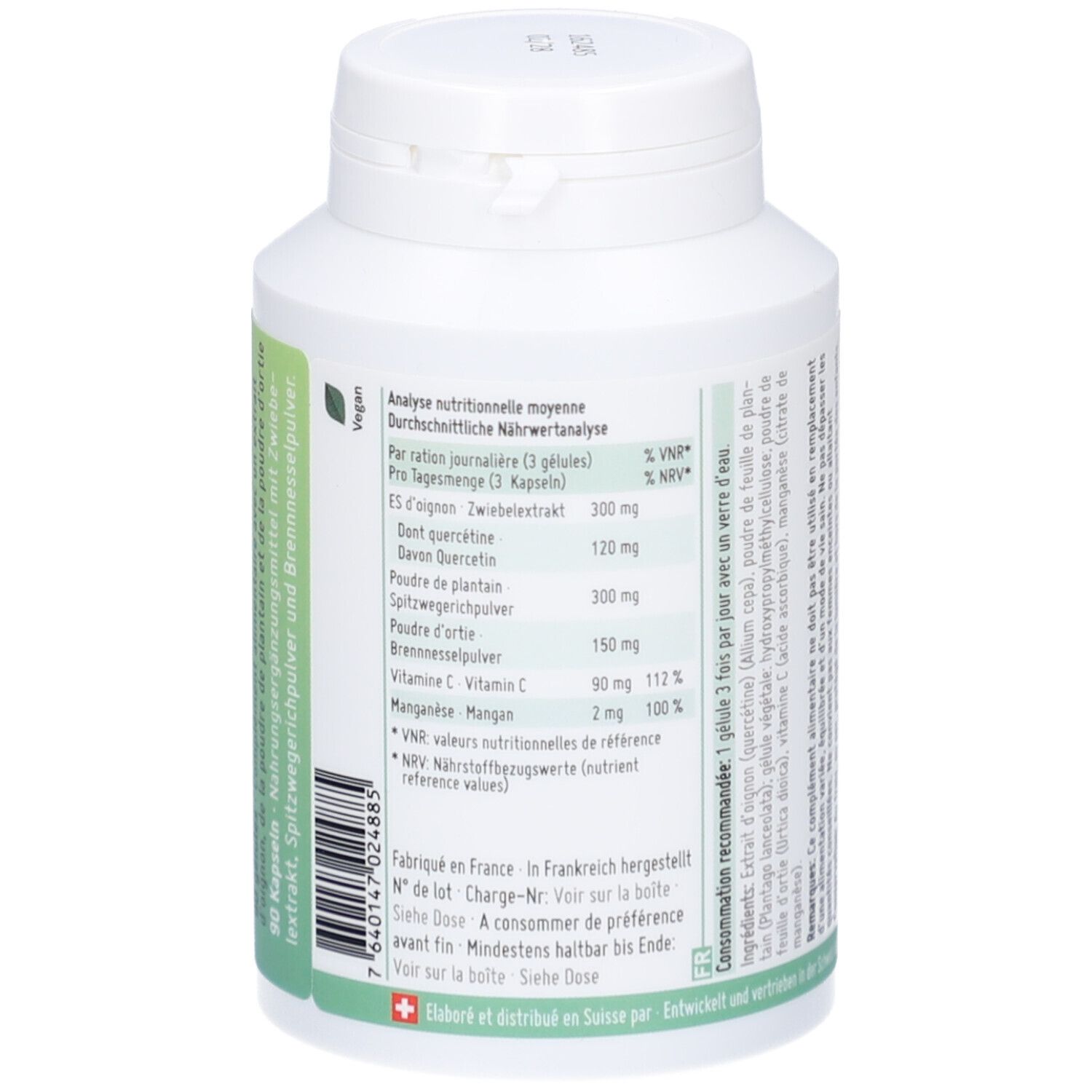 Flacon blanc de gélules. Tableau nutritionnel en allemand. Contient vitamine C et manganèse.