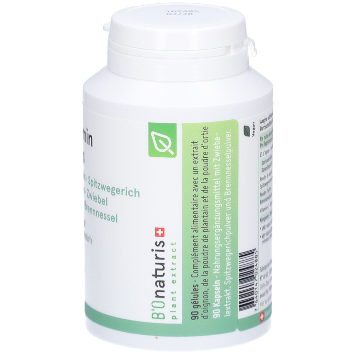 Flacon blanc de gélules. Étiquettes vertes et blanches. Texte: 90 gélules. B'ONATURIS plant extract.