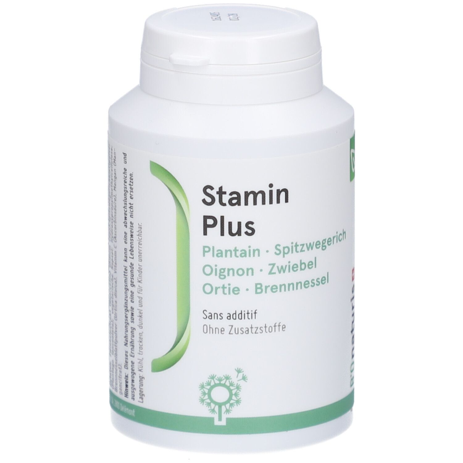Flacon blanc de gélules. Texte: Stamin Plus. Ingrédients: Plantain, Oignon, Ortie, Brennessel.