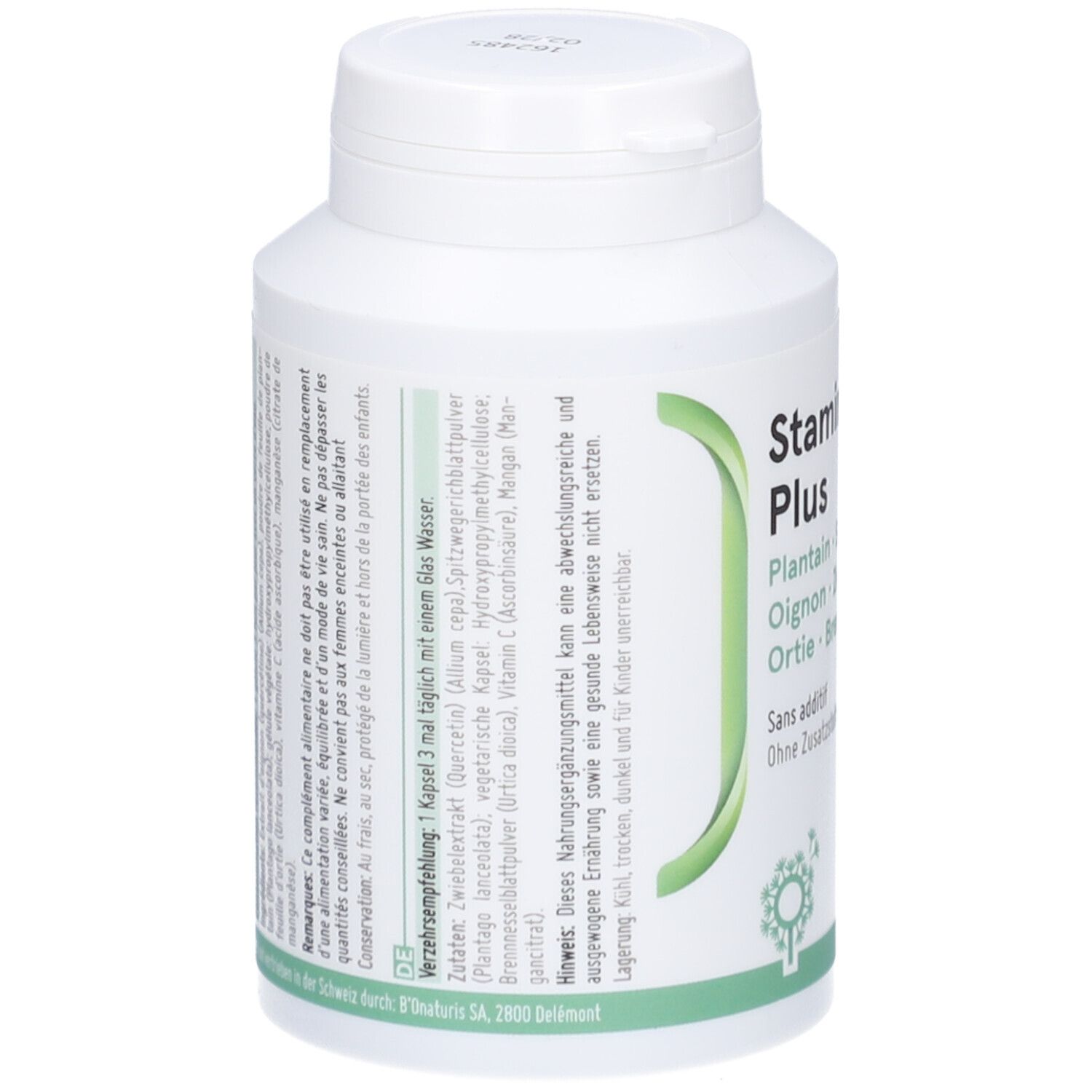 Flacon blanc de gélules. Texte en allemand et français. Liste des ingrédients et recommandations.