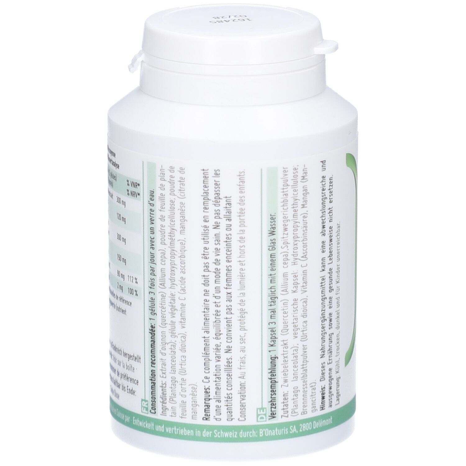 Flacon blanc de gélules. Tableau nutritionnel en allemand. Contient vitamine C et manganèse.