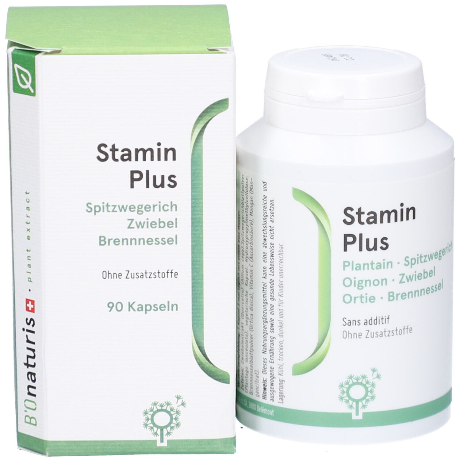 Emballage du produit avec flacon et boîte. Texte: Stamin Plus. 90 gélules. B'onaturis plant extract.