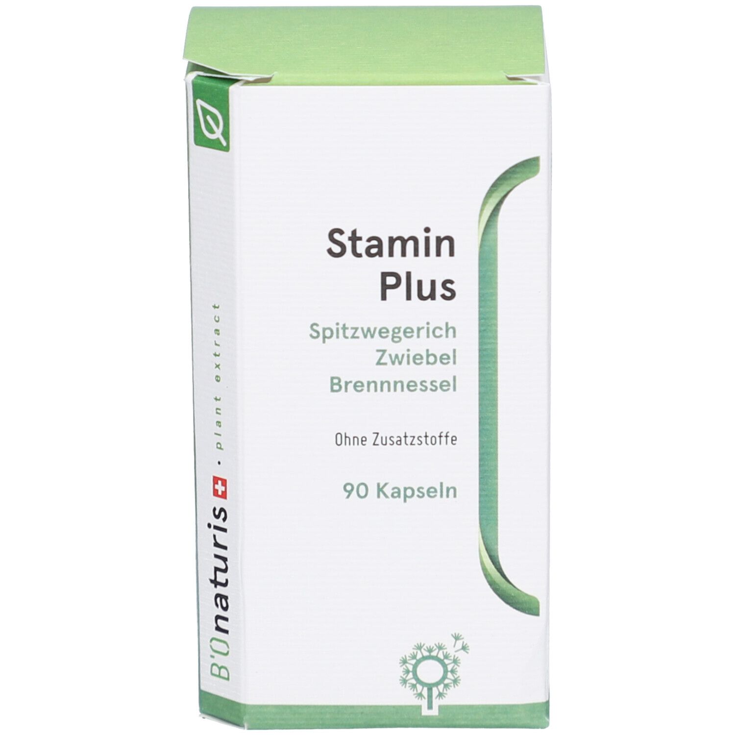 Emballage en carton. Texte: Stamin Plus. 90 gélules. B'onaturis plant extract.