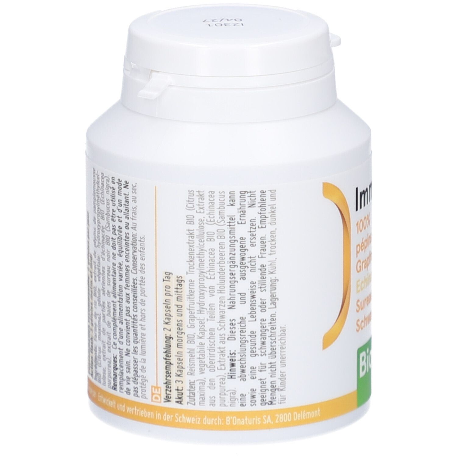 Flacon blanc de gélules. Inscription: Immunity Flash, BIO. Contient pépins de pamplemousse, échinacée, sureau noir. Accents jaunes et verts.