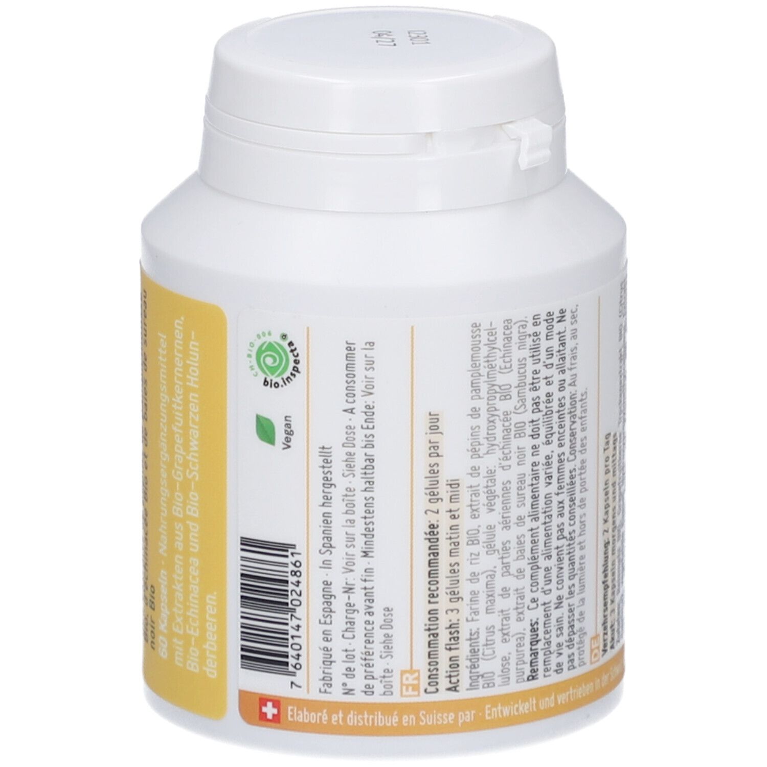 Flacon blanc de gélules. Inscription: Immunity Flash, BIO. Contient pépins de pamplemousse, échinacée, sureau noir. Logo vegan. Fabriqué en Espagne.