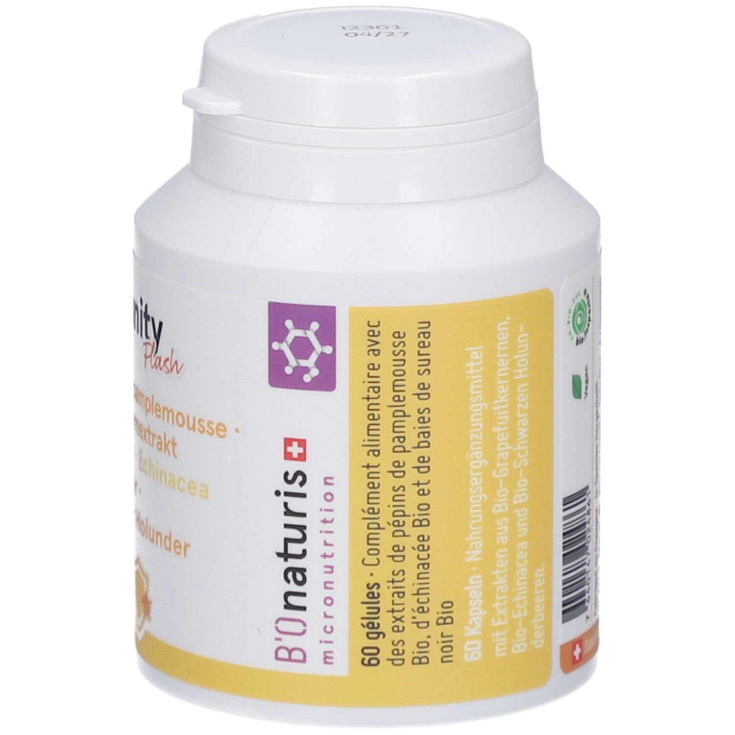 Flacon blanc de gélules. Inscription: B'onaturis, Immunity Flash, 60 gélules. Contient pépins de pamplemousse, échinacée, sureau noir. Accent violet.