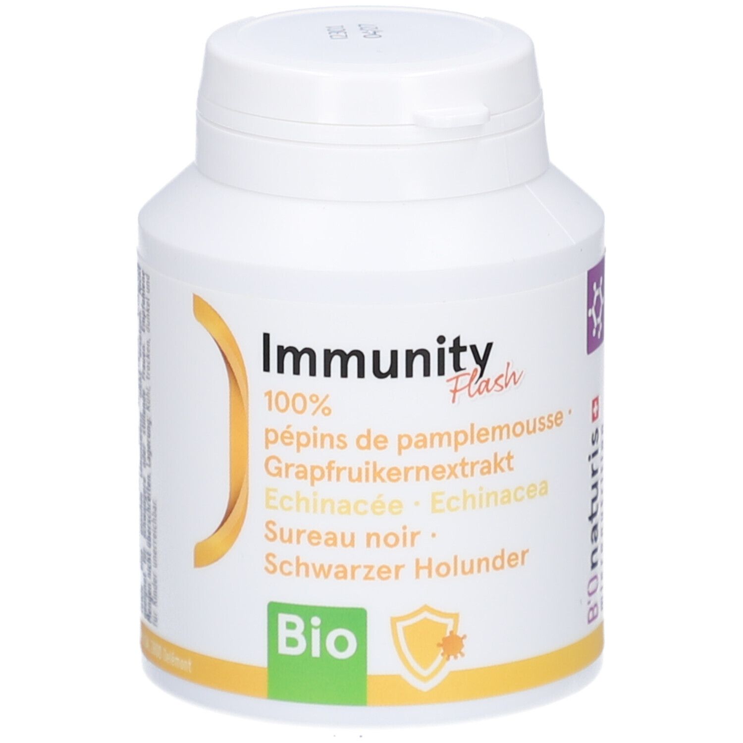 Flacon blanc de gélules. Inscription: Immunity Flash, BIO. Contient pépins de pamplemousse, échinacée, sureau noir. Accents jaunes et verts.