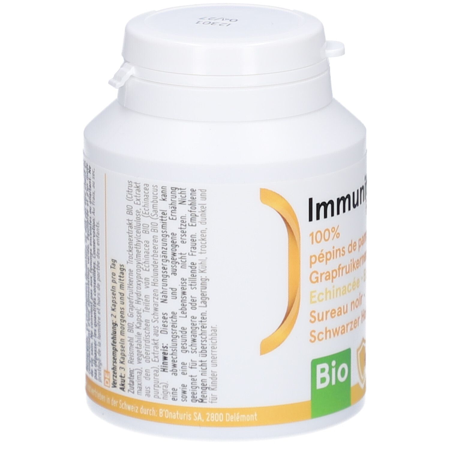 Flacon blanc de gélules. Inscription: Immunity Flash, BIO. Contient pépins de pamplemousse, échinacée, sureau noir. Accents jaunes et verts.
