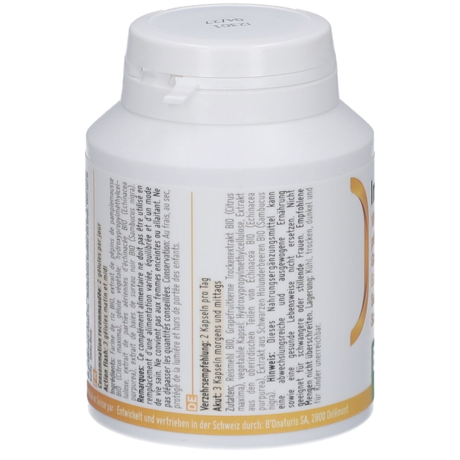 Flacon blanc de gélules. Inscription: Immunity Flash, BIO. Contient pépins de pamplemousse, échinacée, sureau noir. Accents jaunes et verts.