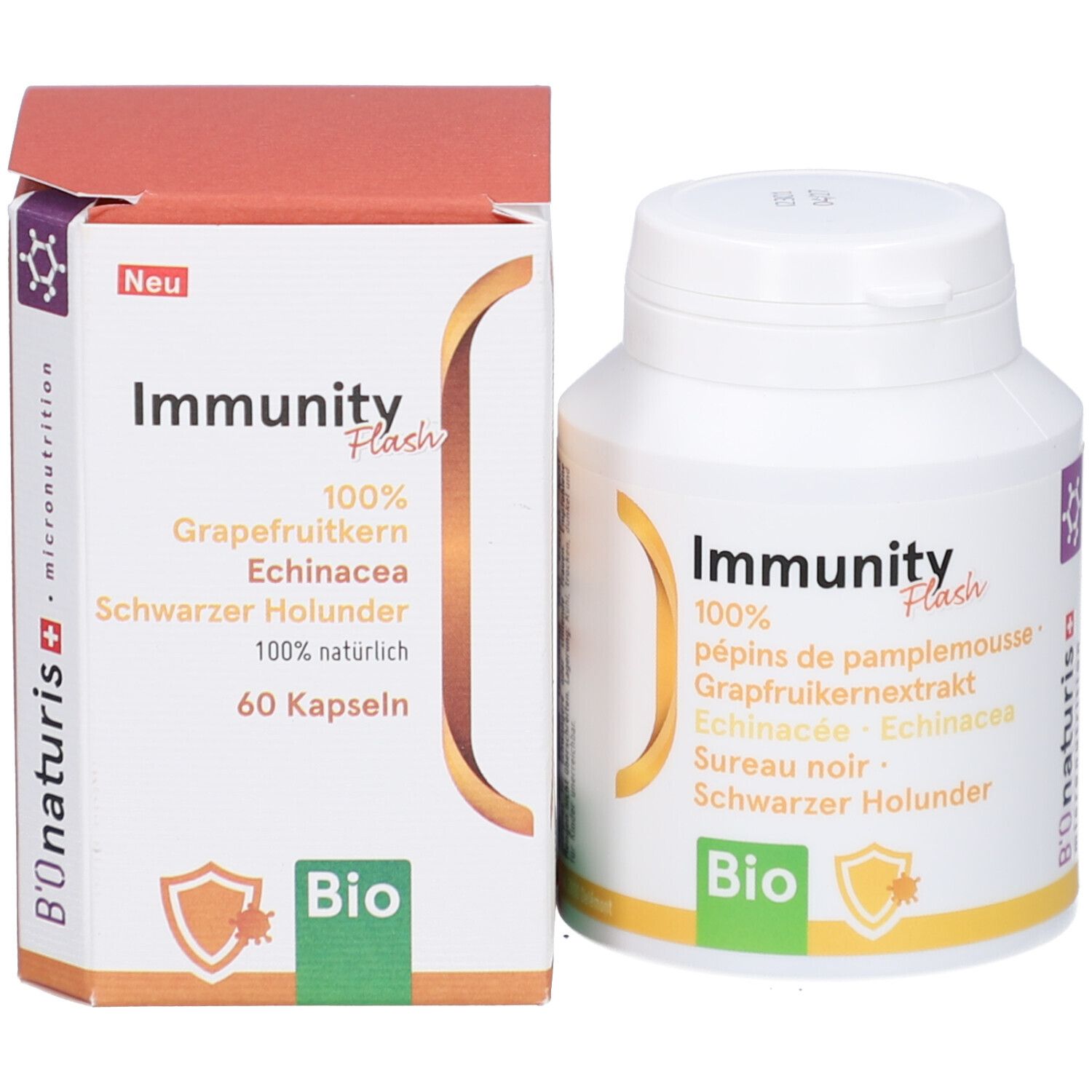 Emballage et flacon. Inscription: Immunity Flash, 60 gélules, BIO. Contient pépins de pamplemousse, échinacée, sureau noir. Boîte orange-rouge.