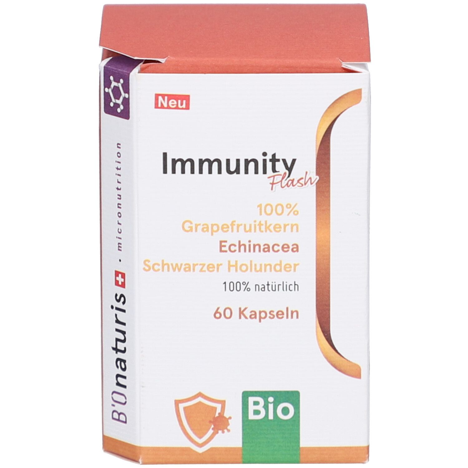 Emballage du produit. Inscription: Immunity Flash, 60 gélules, BIO. Contient pépins de pamplemousse, échinacée, sureau noir. Boîte orange-rouge.