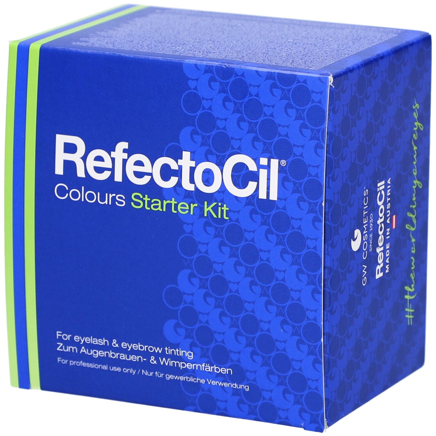 Blauer Karton mit "RefectoCil Colours Starter Kit" Schriftzug. Enthält Text für Wimpern- und Augenbrauenfärbung.