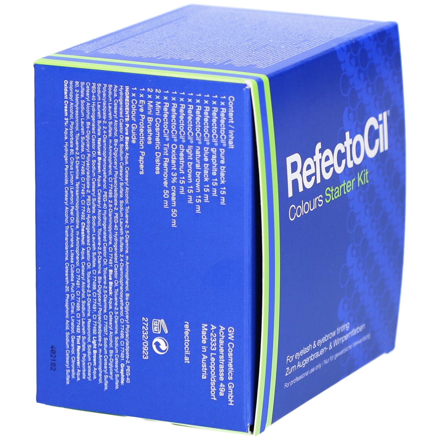 Blaue Box mit Inhaltsangaben und Inhaltsstoffen. "RefectoCil Colours Starter Kit" Schriftzug.