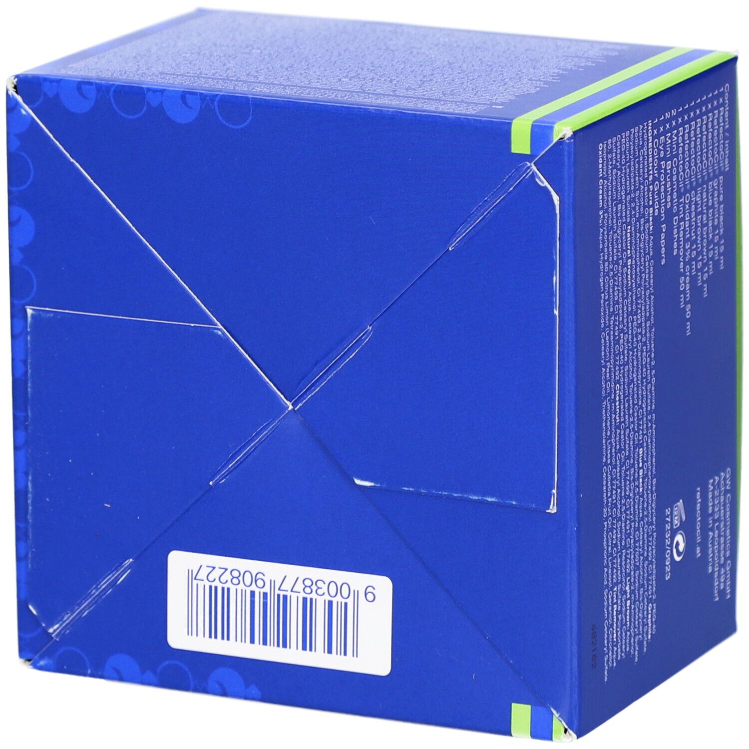 Blaue Box, Unterseite mit Barcode und Text. Grüne und blaue Streifen an den Kanten.
