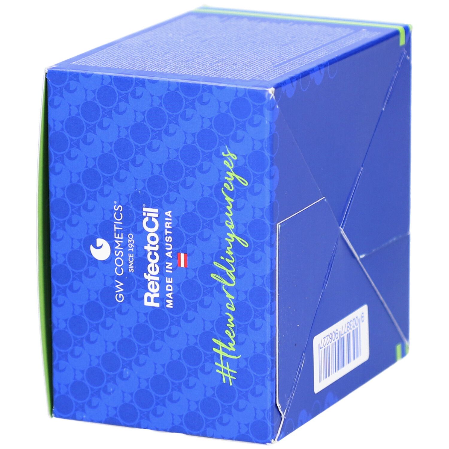 Blaue Box mit Logo und Text. "RefectoCil" und "Made in Austria" Schriftzug.